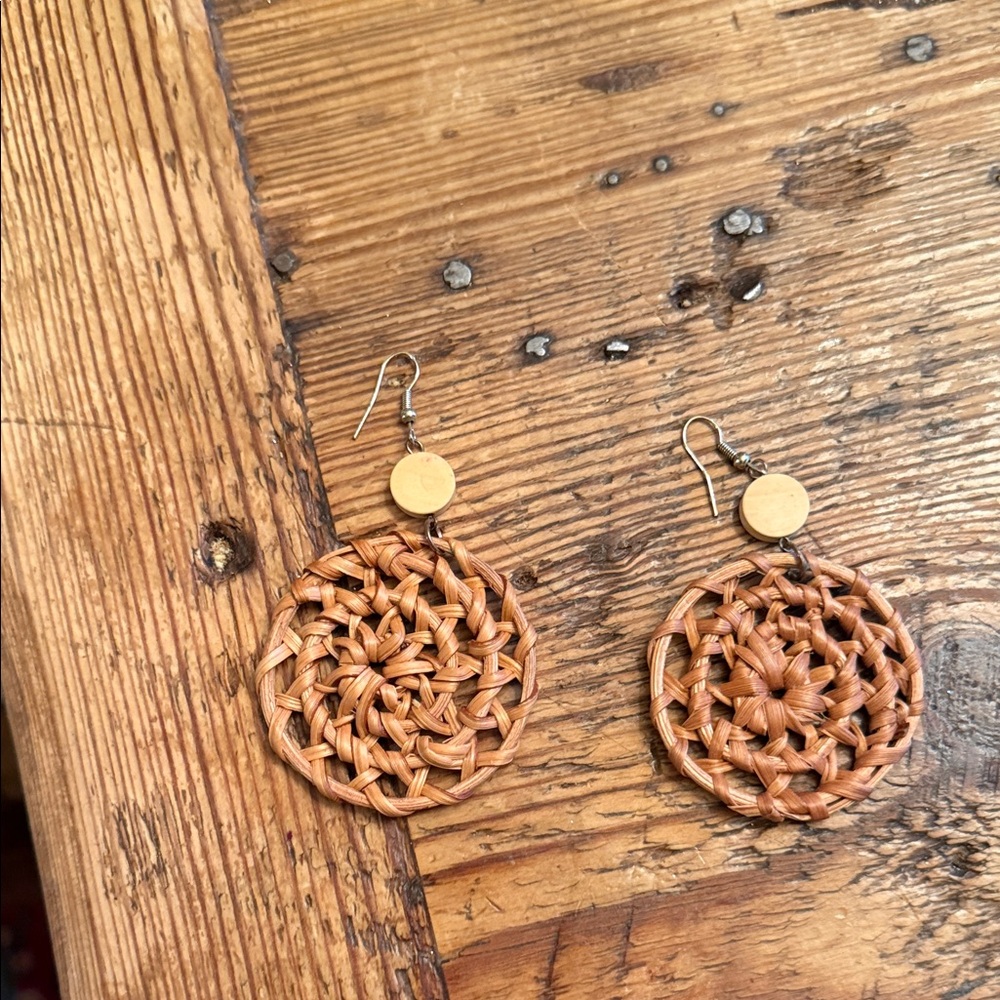 Handwoven Tan Wicker Hoop Drop Earrings